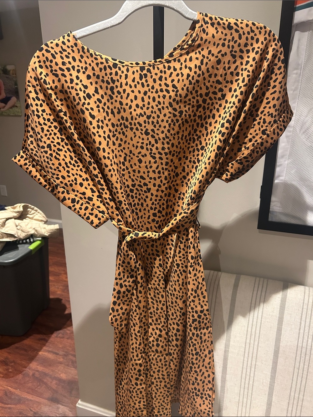 Tan Leopard Print Belted Midi Dress